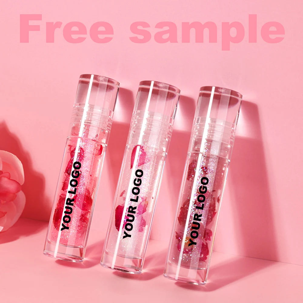 Create Logo SPF Fruit Flavor Lip Oil Best Stay Colored Large Brush Transfer Proof Lip Gloss with Rose Petals