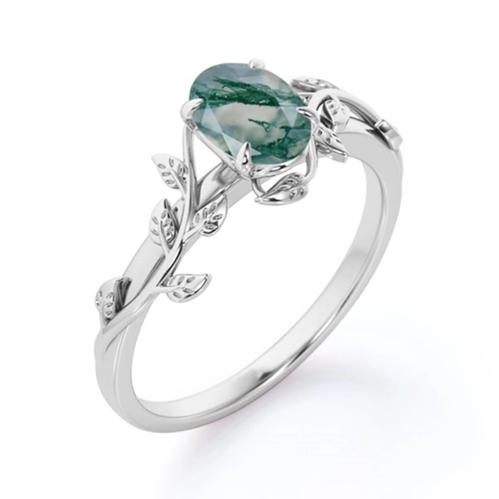 Hot Sale Fine Jewelry 925 Sterling Silver Leaf Oval Cut Moss Agate Ring for Women