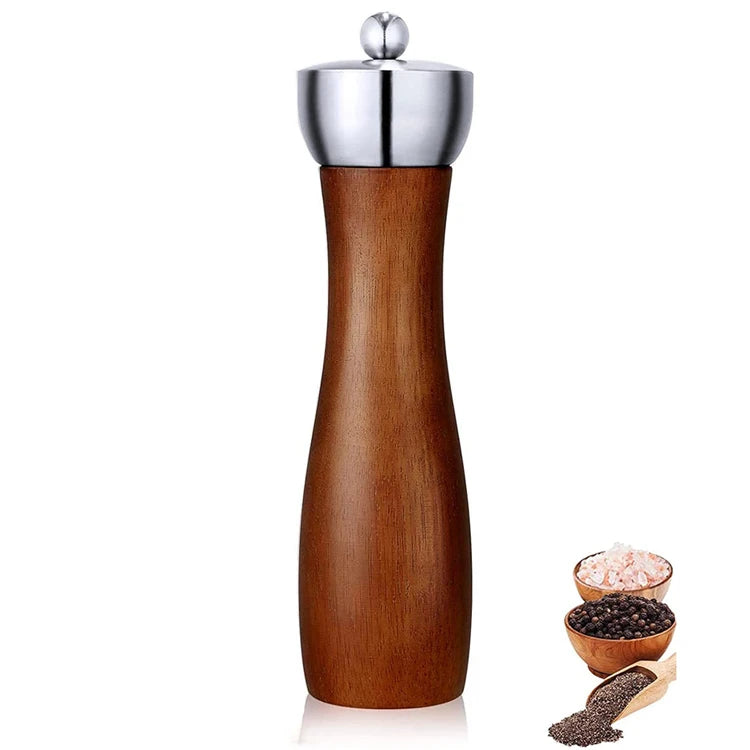 Acacia Wooden Manual Pepper Grinder with Stainless Steel Lid and Ceramic Grinding Core.