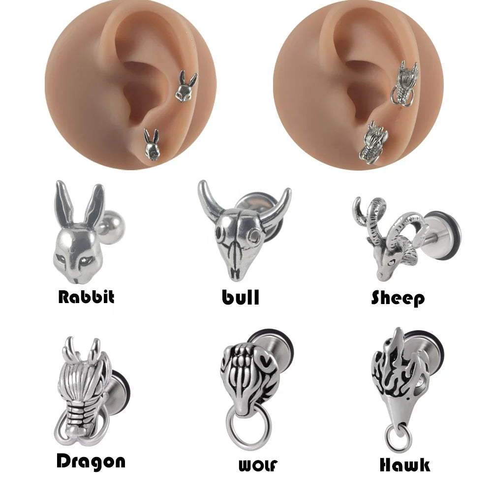 16G Surgical Steel Bull Sheep Dragon Rabbit Wolf Ear Cartilage Tragus Helix Earring Stud Lobe Body Piercing Jewelry Lip Pattern