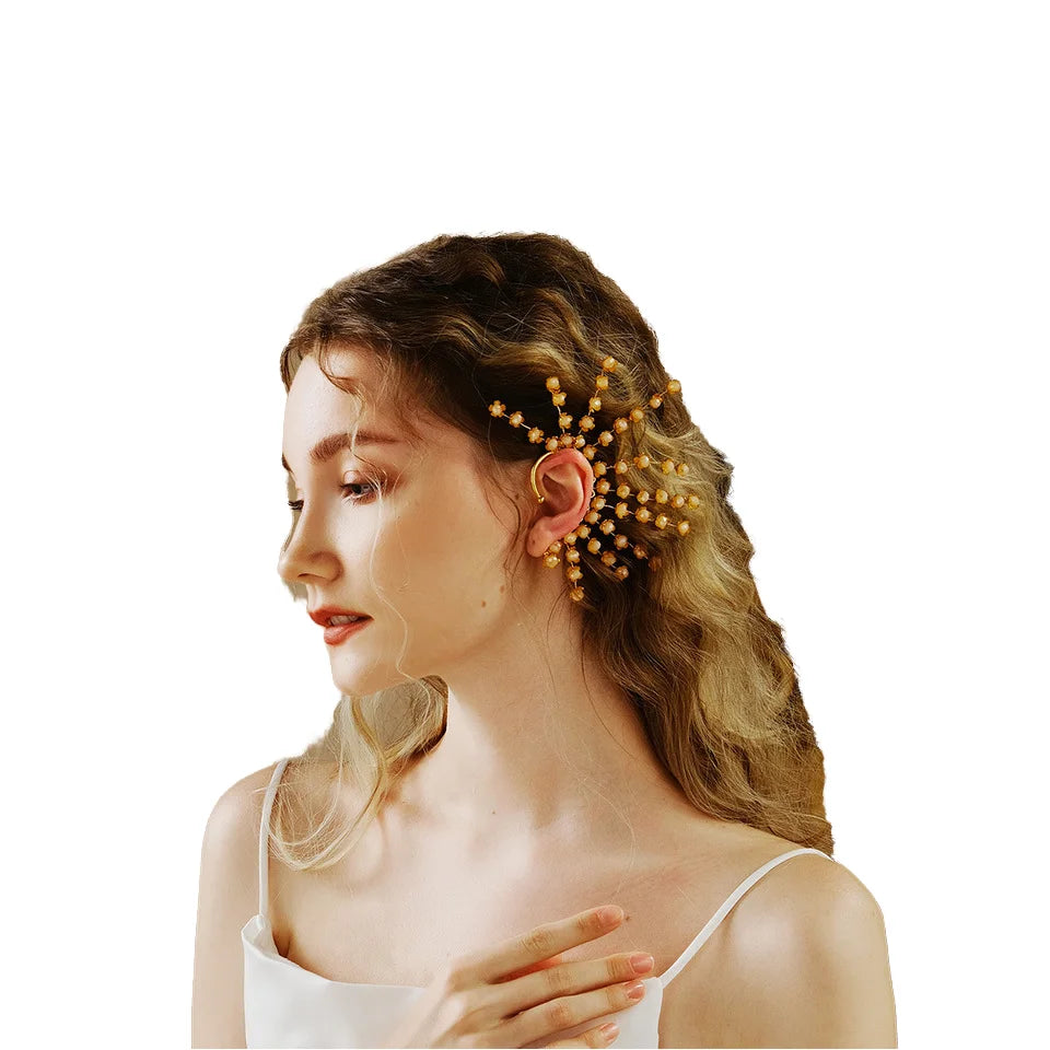 Handmade Gold Plated Crystal Beads Retro Elves Fairy Ear Cuff Earrings No Piercing Bridal Clip for Women Trendy Party Accessory