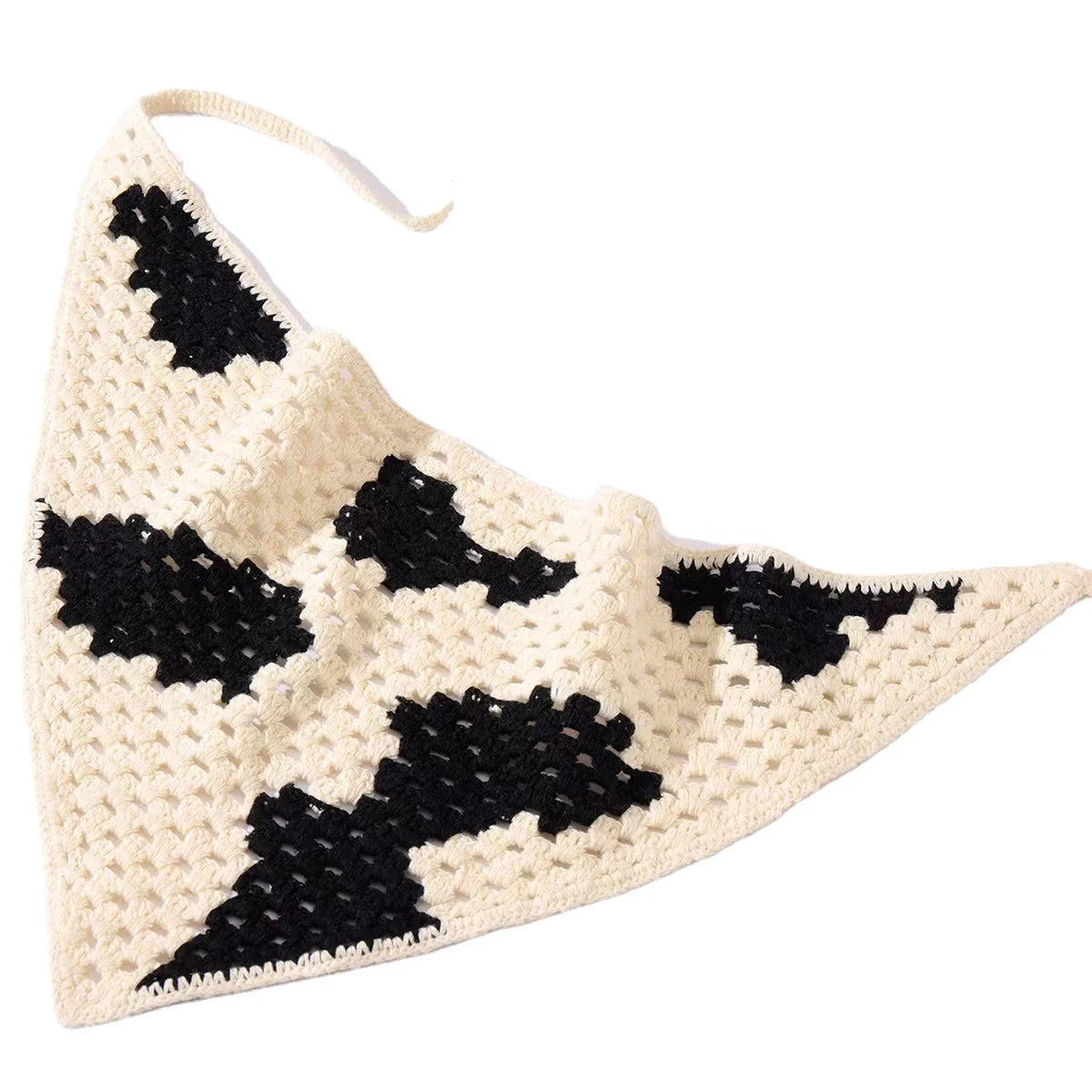 Q&Y 2026 Custom New Designer Knitted Head Wraps Cottagecore Cute Black and White Cow Spotted  Elegant Knitting Crochet Bandanas