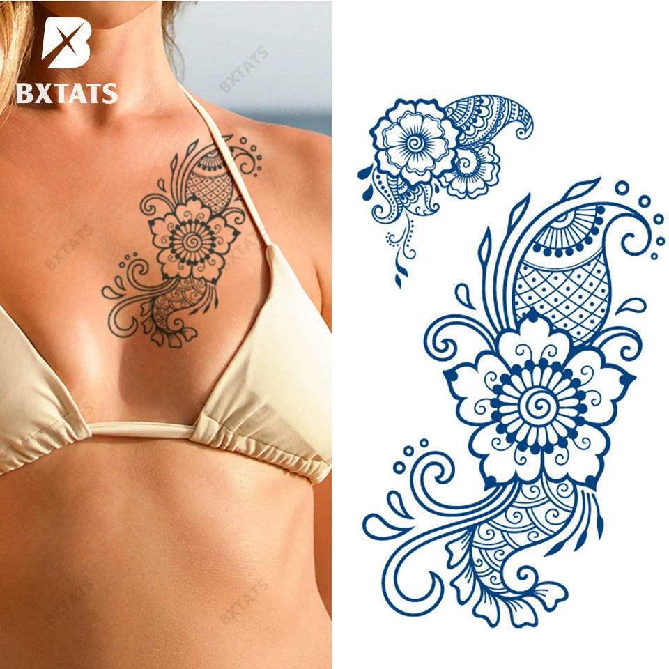 BXTAT Semi-Permanent Blue Genipa Juice Tattoos GZ301to306 Mandala Geometric Pattern Cross Wings Triangle Flower Design Temporary