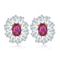 Oval Red Ruby Gemstone Flower 925 Sterling Silver CZ Stud Earrings for Women