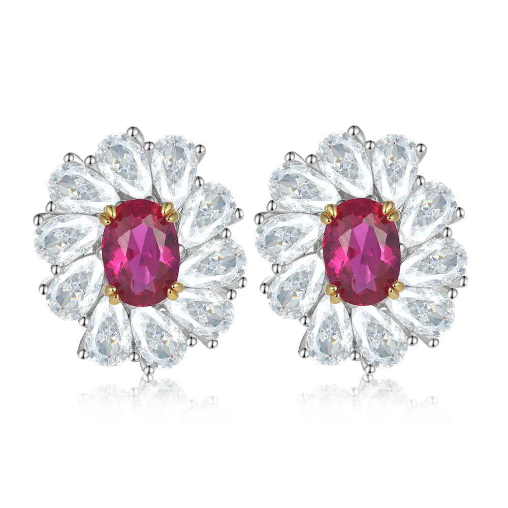 Oval Red Ruby Gemstone Flower 925 Sterling Silver CZ Stud Earrings for Women