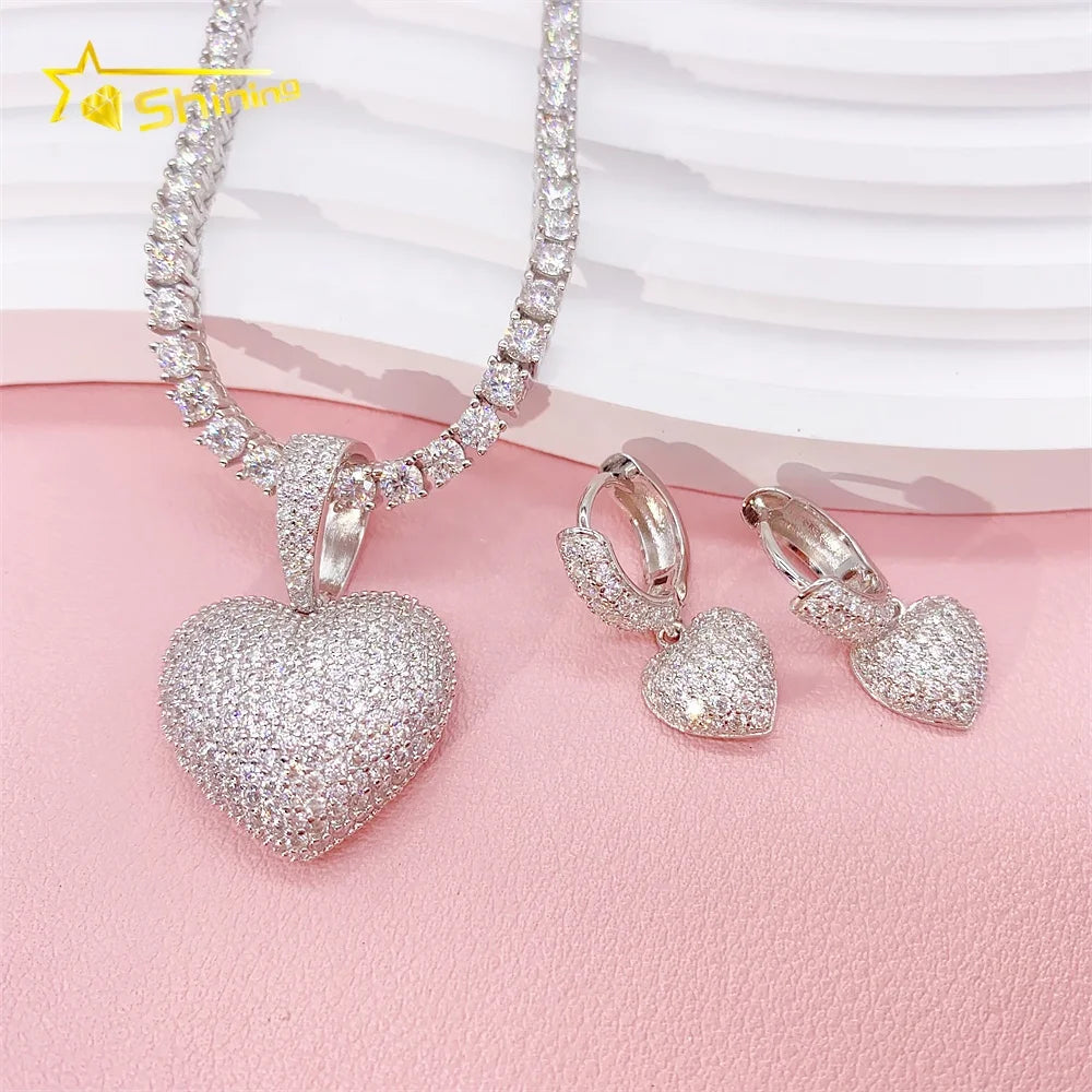 Cheap Price 925 Sterling Silver Fashion Jewelry Men Fully Iced Out VVS Diamond Moissanite Heart Pendant With Earrings