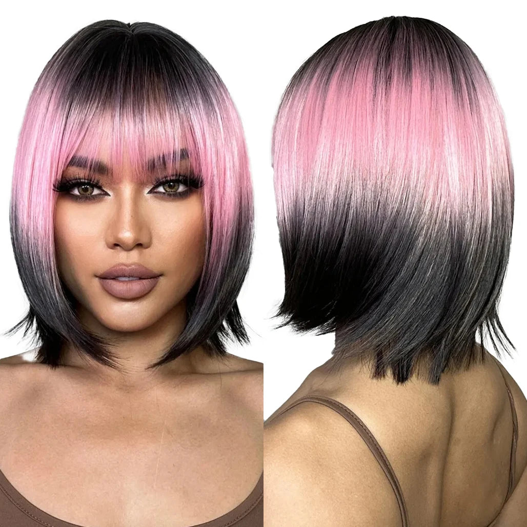 Immediate Delivery Ombre Pink Brown Bob Straight Wigs Short Colorful Synthetic Wig with Bang for Cosplay Party Women