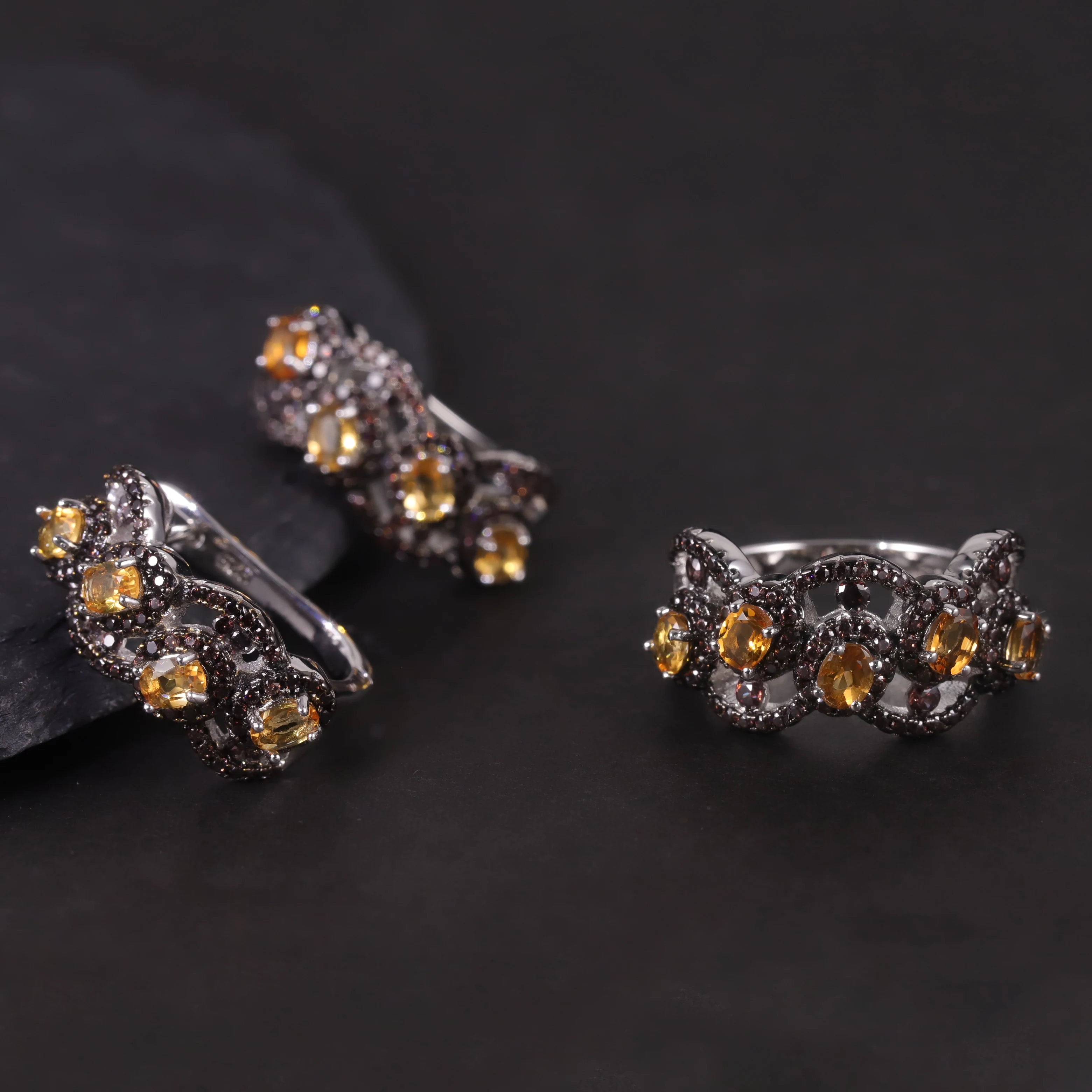 W0387 Cheap Jewelry From China Bulk Sale Factory S925 Silver Citrine Rhodium Plated Elegant Designs Yellow Stone Jewelry Set