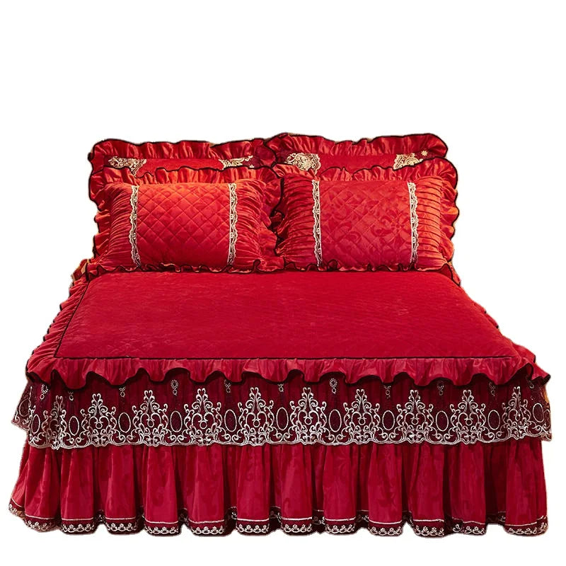 American Style 3-Piece Bed Skirt Set with New Floral Embroidered Velvet Flora Flower Home Use Lace Bed Skirt