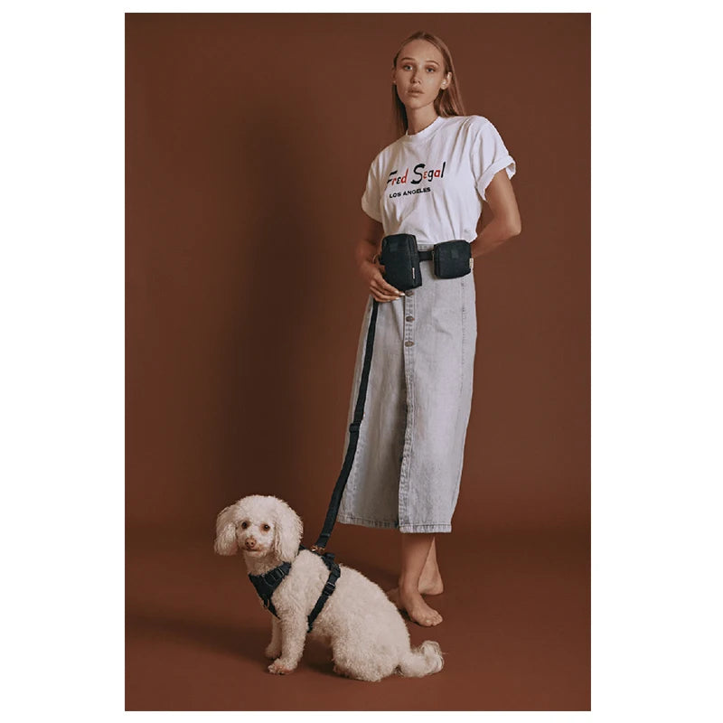 Custom Luxury Brand Logo Denim Fabric Breathable Mesh Shoulder or Waist Bag Pouches Hands Free Dog Leash and Harness Set