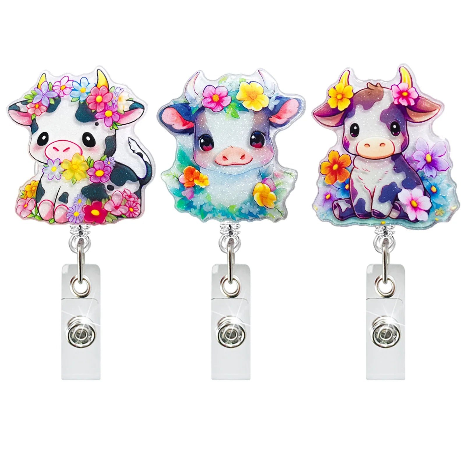 Spring Cute Flower Cow Nurse Badge Reel Retractable Glitter Colorful Name Tag Acrylic Alligator Clip Spring ID Badge Holder