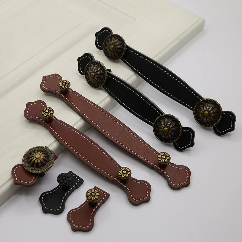 Nordic Originality Contracted Wardrobe Leather Handle Cabinet Brown Leather Strap Leather Handle