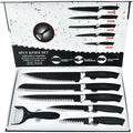Black Knife Set With Peeler 6 Piece Sets for Kitchen Cooking Premium Stainless Steel Super Sharp Wood Grain Ergonomic Handle