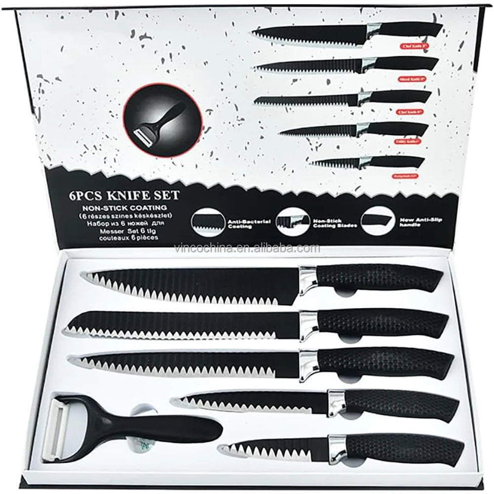 Black Knife Set With Peeler 6 Piece Sets for Kitchen Cooking Premium Stainless Steel Super Sharp Wood Grain Ergonomic Handle