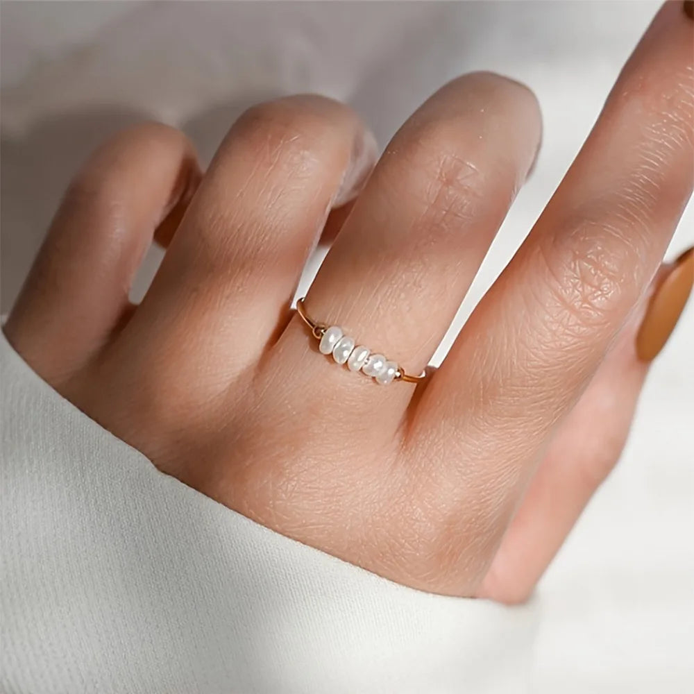 Minimalist Handmade 18K Gold Plated Stainless Steel Ring for Women Engaging Real Pearl Ring