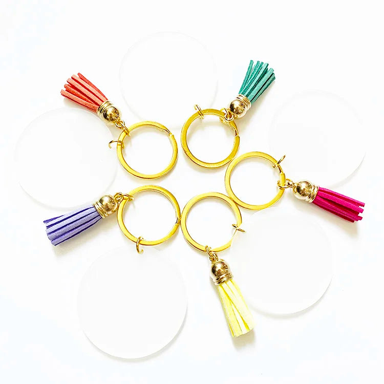 30mm 40mm 50mm Round Heart Hotel Shape Acrylic Keychain Blanks with Tassel Colorful Acrylic Blank Keychain for DIY
