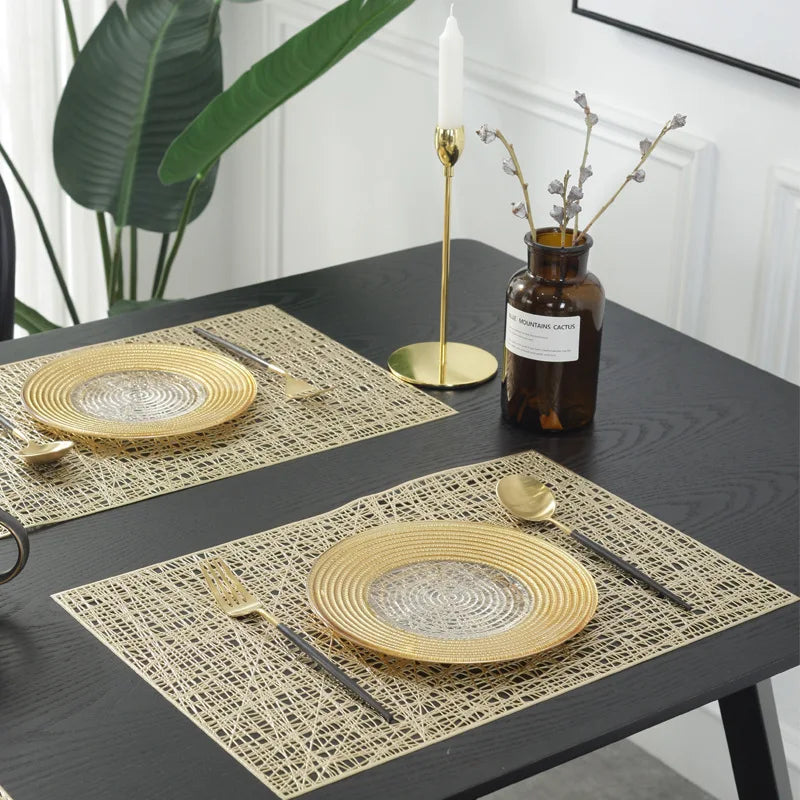 Vinyl PVC Plastic Rectangular Striped Placemats Cutwork Decorative Dining Table Mats for Party/Wedding Accent