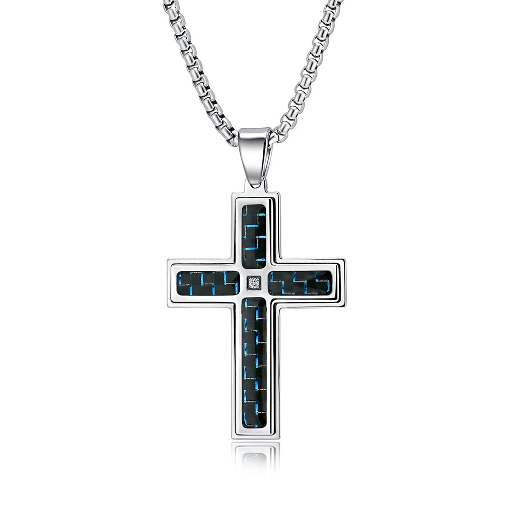 Alin Wholesale Hot Selling Stainless Steel 361L Carbon Fiber Inside IPB Box Chains Cross Necklaces Jewelry for Men