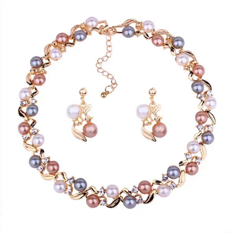 XD-04 Wholesale Fashion Women Jewellery Jewelry Sets Earrings and Crystal Pearl Charm Necklace Stud Earring Jewelry Set