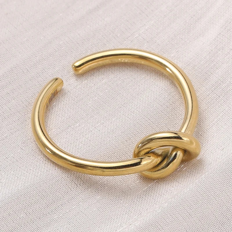 Tarnish Free Women Finger Band Non-Fading 18K Gold PVD Plated Non-Allergic Stainless Steel Ring Set Lucky Love Knot Open Ring