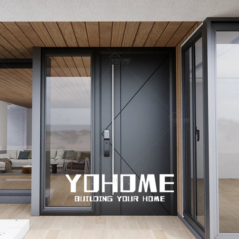 UK Style Villa Exterior Metal Main Entrance Doors With Side Glass Aluminum Clad Wood Entry Doors Black Front Door With Sidelites