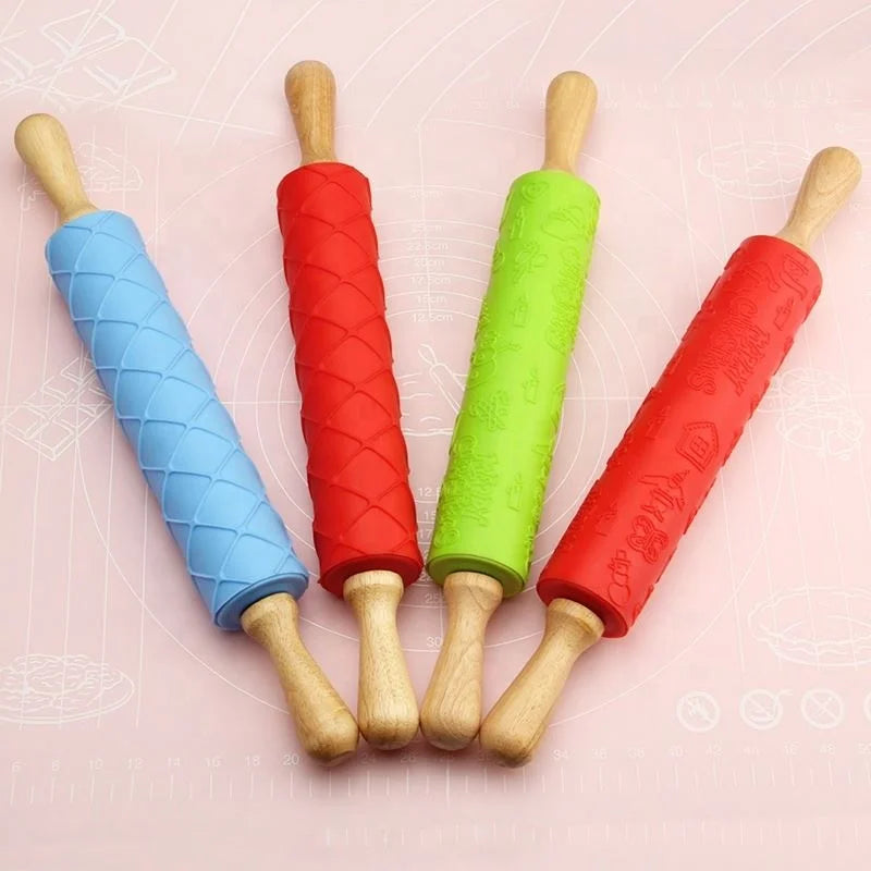 New Design Cookie Tools Diamond and Christmas Pattern Embossed Silicone Rolling Pin With Wooden Handle