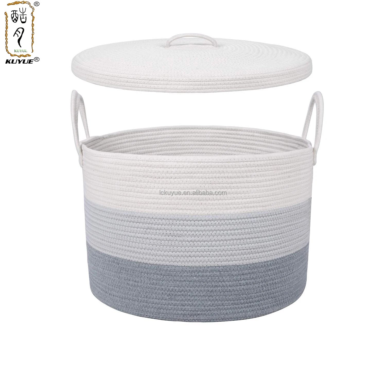KUYUE Grey Rectangular Extra Large Cotton Rope Storage Baskets with Lid