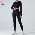 Yoga Wear & Workout Sportswear Set Gym Fitness Long Sleeve Activewear & Top Leggings Solid Pattern Seamless 2 Pcs Dress