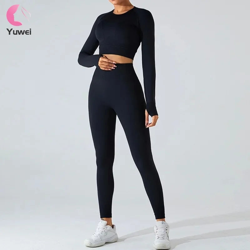 Yoga Wear & Workout Sportswear Set Gym Fitness Long Sleeve Activewear & Top Leggings Solid Pattern Seamless 2 Pcs Dress