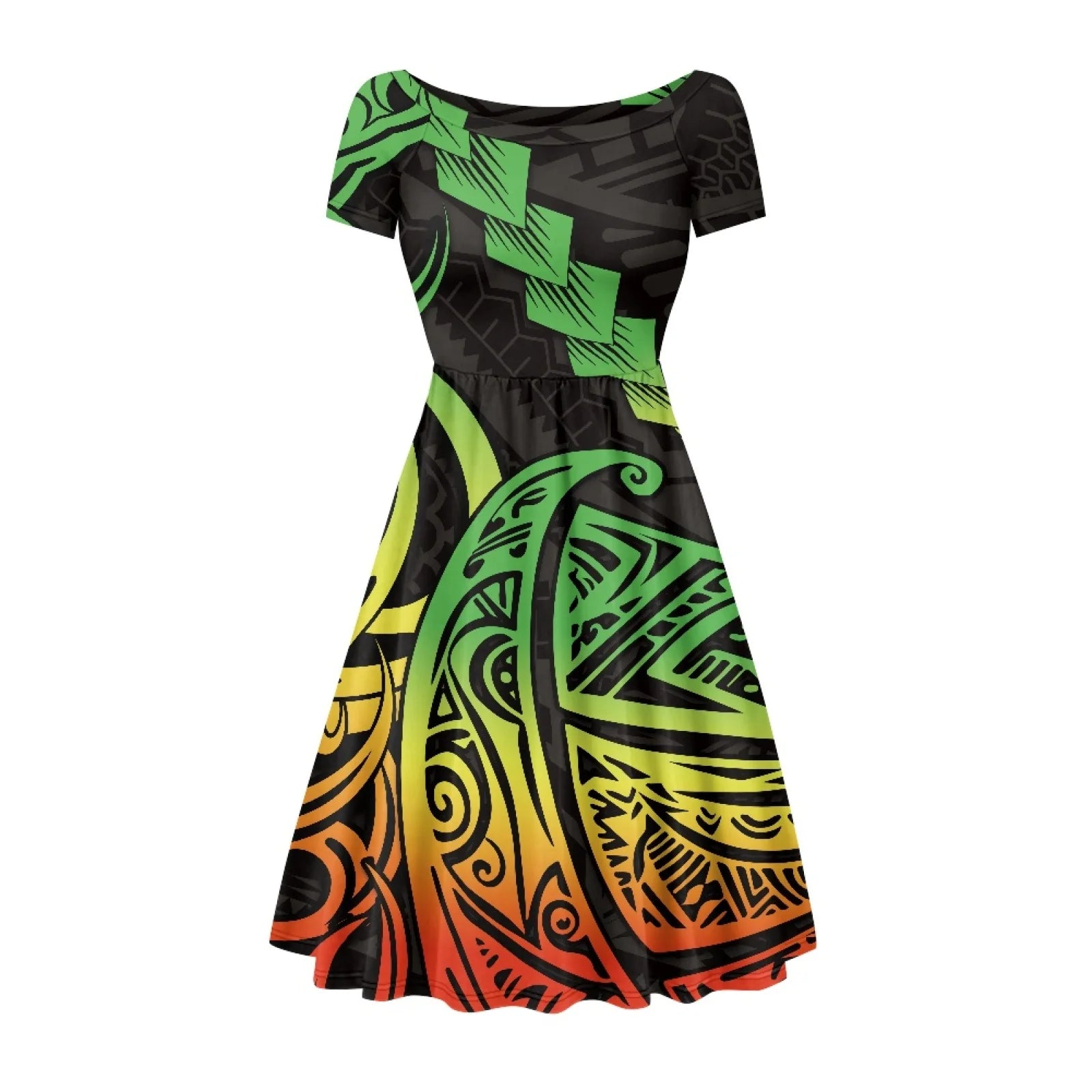 Factory Outlet Polynesian Tapa Tribal Print Custom Personality Luxury Trendy Casual Women's Round Neck Short Sleeved Dress Cheap
