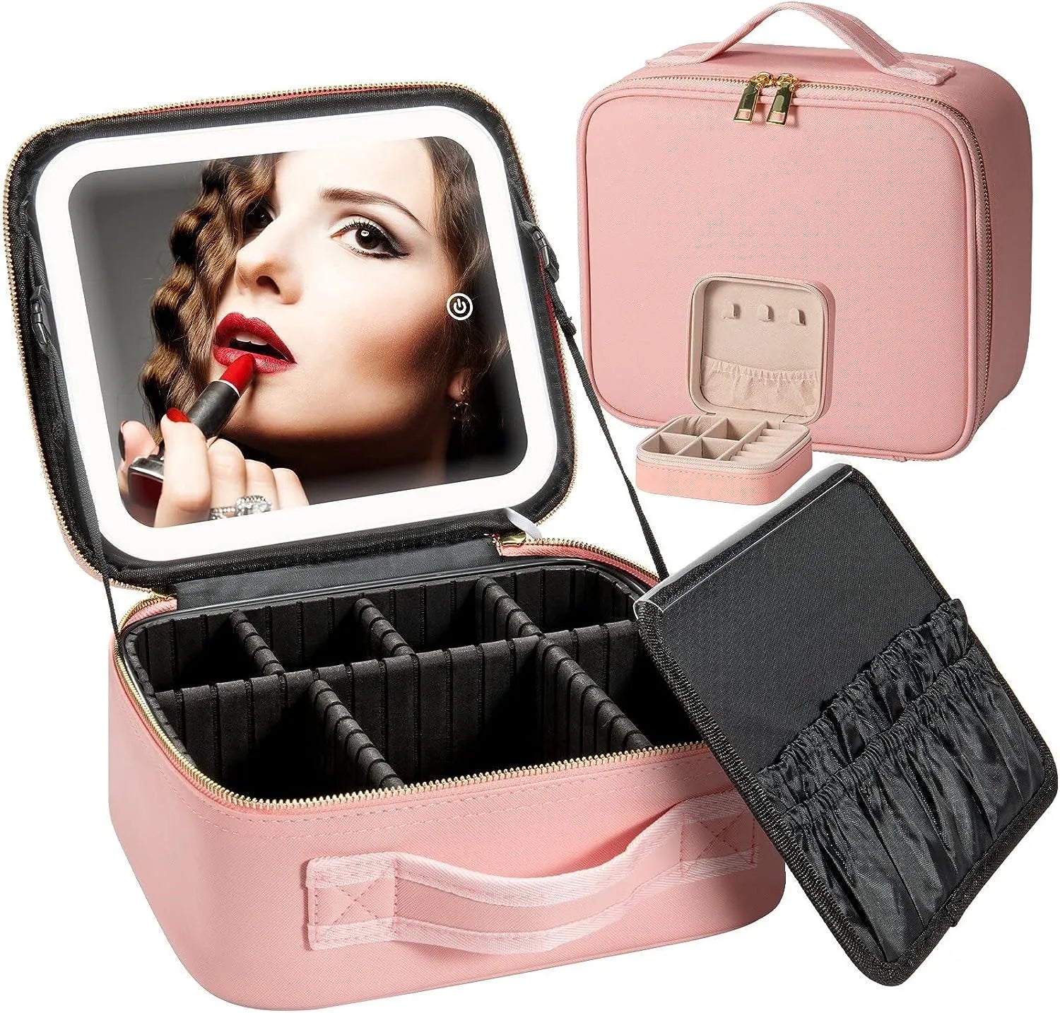 Makeup Bag with Light up Mirror Lighted Makeup Case with Adjustable Dividers with Mini Jewelry Box