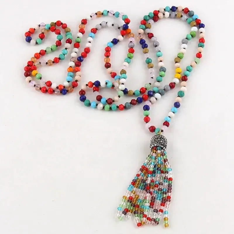 Fashion Boho Customize Xmas Jewelry 6mm 146-148CM Assorted  Multi Crystal Glass Bead Long Knotted Double Wrap Tassel Necklace