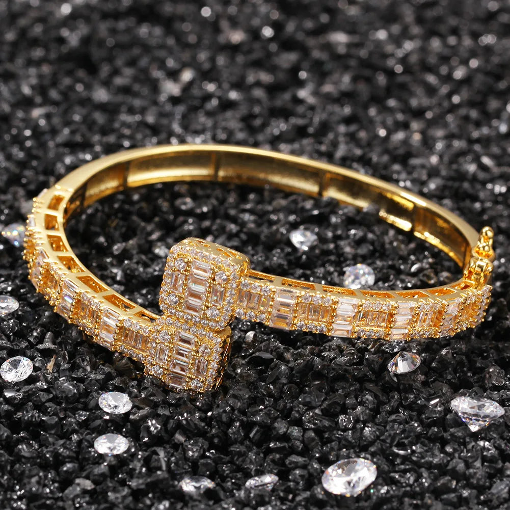 New Hip Hop Bracelet with Square Zircon Inlaid Opening Trendy Punk Style Bracelet Fashionable Light Luxury Jewelry