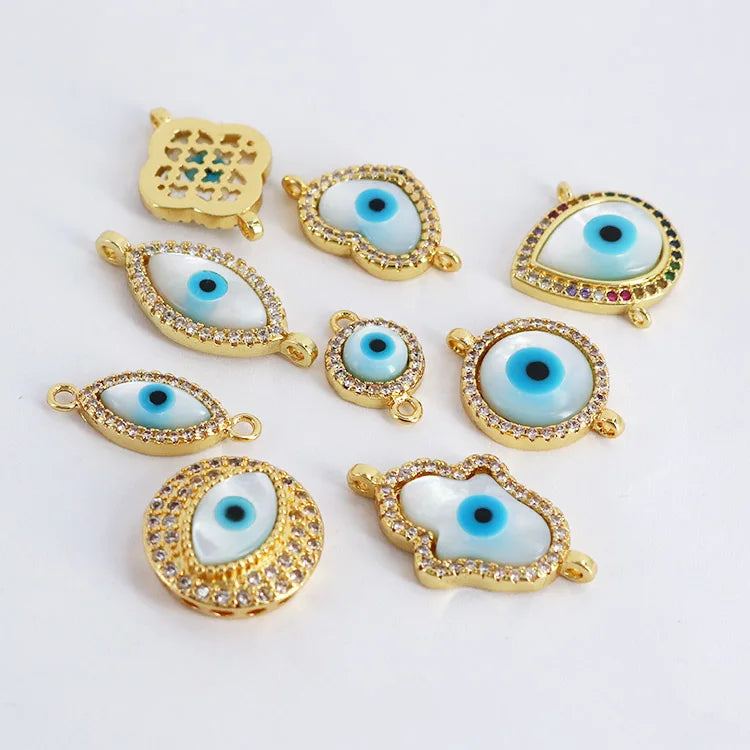CZ8144 CZ Paved MOP Mother of Pearl Shell Evil Eyes Charm Connectors Hand Heart Shape Connector for Jewelry Making