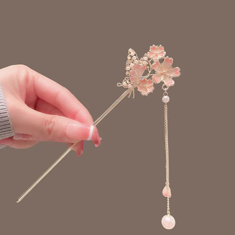 Chinese Pearl Enamel Flower Tassel Metal Hair Sticks Hairpin Pan Hair Hanfu Step Shake Hair Ornament for Women
