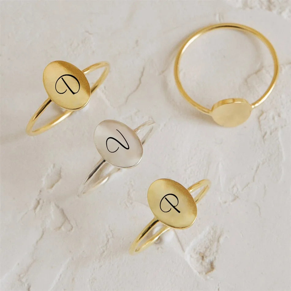 Simple 316L Stainless Steel 14K Gold Plated Engraved Symbol Oval Finger Ring Titanium Steel Customized Letter Oval Disc Rings