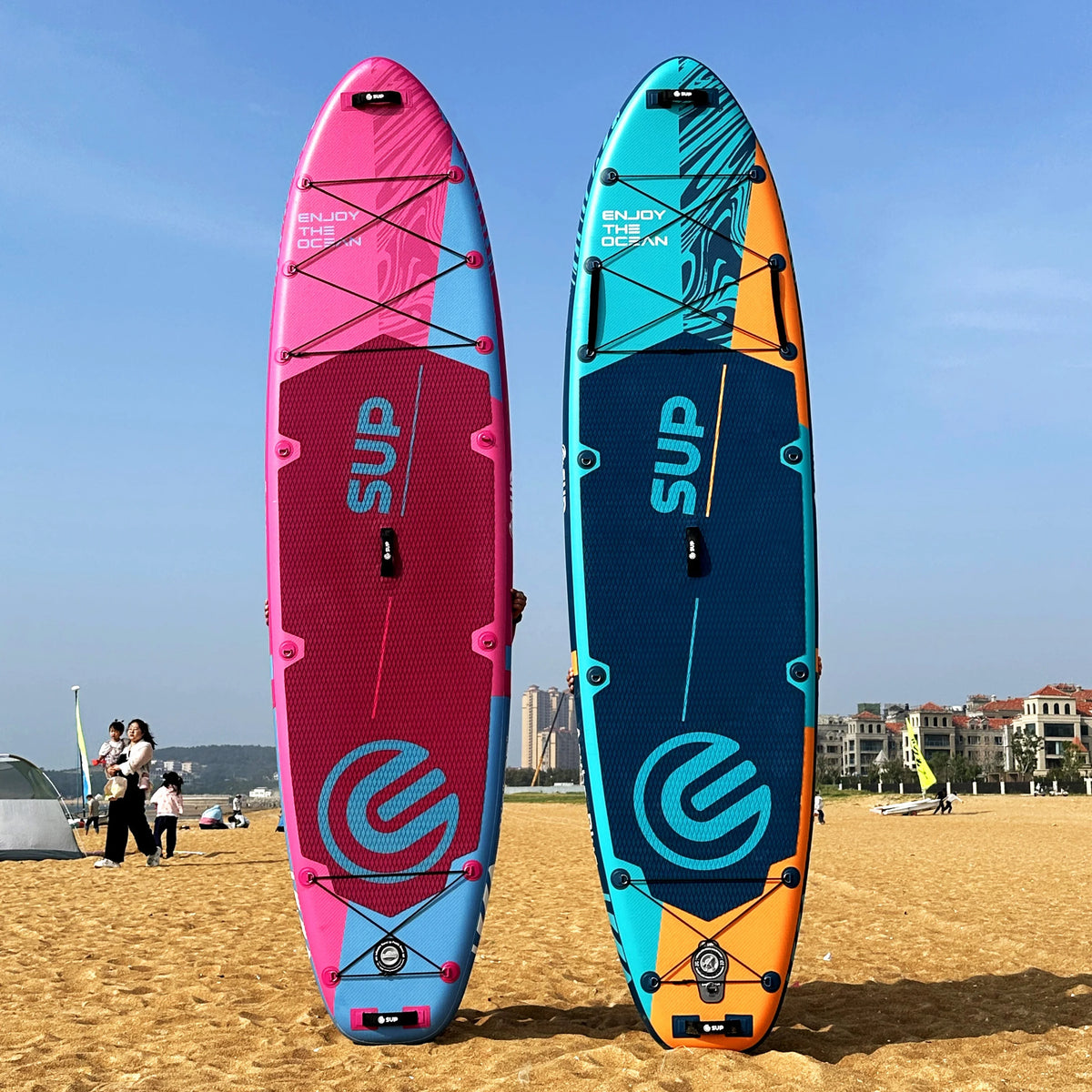 E SUP All Round Ultra Wide Yoga Deck Foldable Surf Inflatable PaddleBoard Drop Stitch Material 3 Fin System for Water Sports