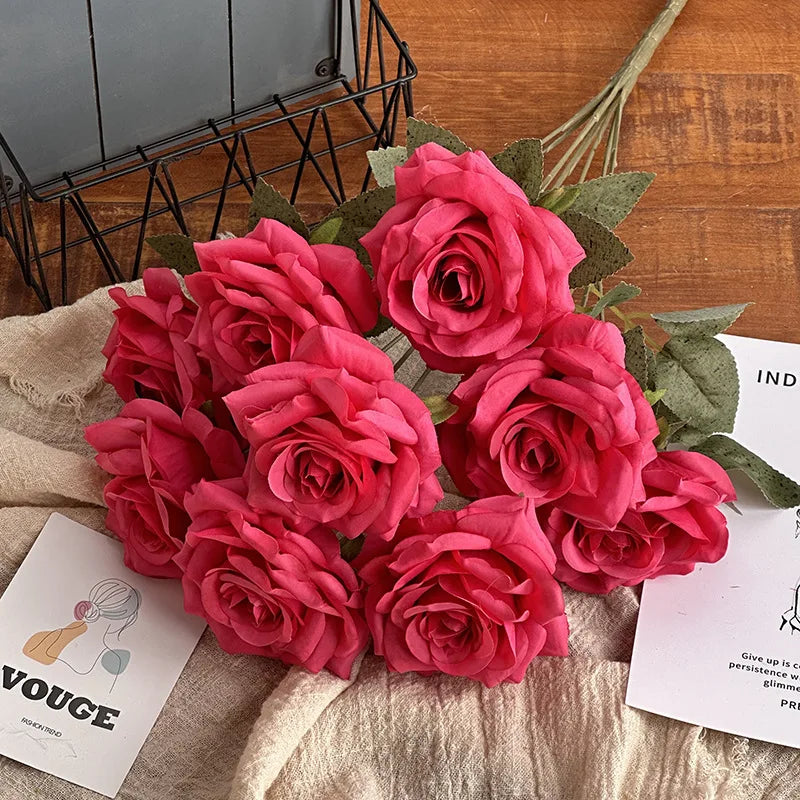 CM-QT083 Dalian Chermy 9 Heads Artificial Flower Hot Pink Roses Flowers Bouquet Roses in Bulk Flower Rose for Event