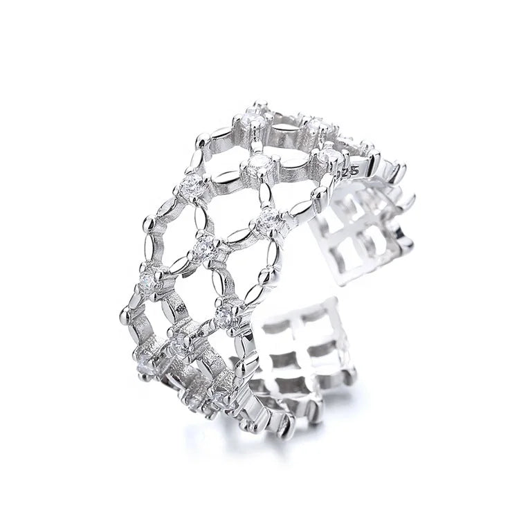 New Arrivals Chunky Finger Ring Rhombus Shape Silver 925 Hollow Open Rings for Girls