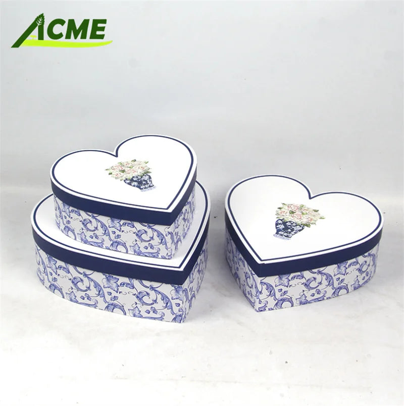 Heart-Shaped Chinese Blue and White Porcelain-Inspired Gift Box Floral Souvenir Paper Box