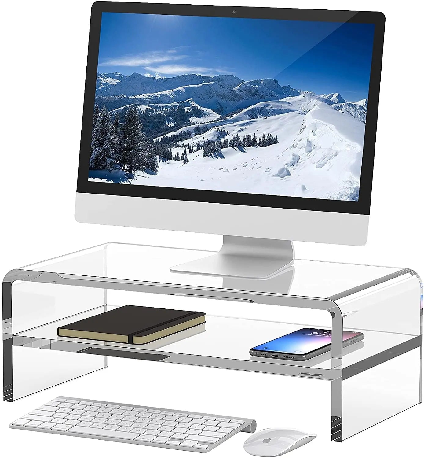 Clear Acrylic Monitor Stand Riser 2 Tier 5.5 Inches High Clear Monitor Stand Computer Desk Organizer Shelf for Multi Computer