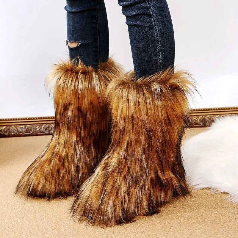 Fashion Winter Faux Fur Shoes Woman Men Snow Boots Fluffy Faux Fur Boots