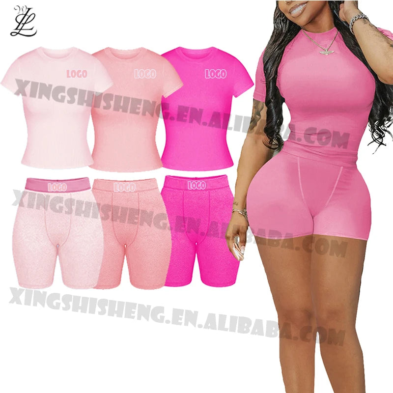 Embroidery Custom Logo 2 Piece Ribbed Blend Elastic Waist Shorts Tee High Quality Soft Breathable Summer Women Loungewear Set