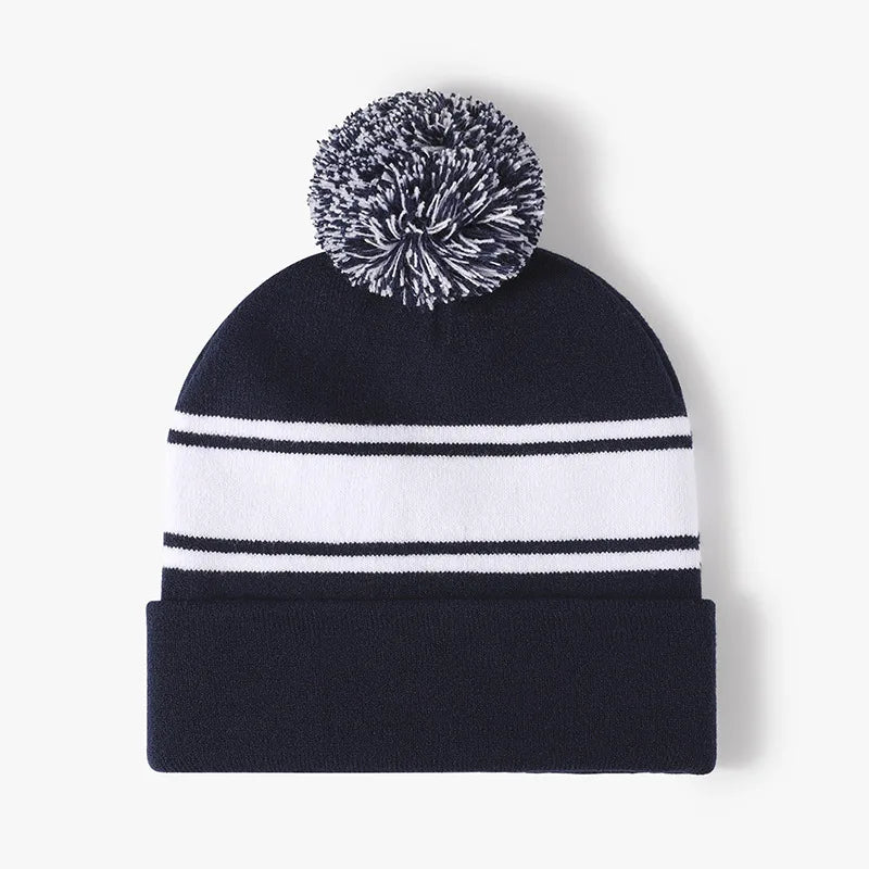 Custom Fashion Adult Knitted Jacquard Embroidery Winter Hat Toque Pom Pom Beanie Bobble Hat With Custom logo