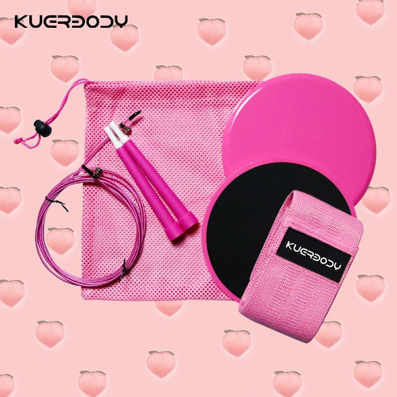 Pink Set Customizable Fabric Non Slip Set 3 Packs Peach Legs and Butt Resistance Bands Gliding Disk Jump Rope Set