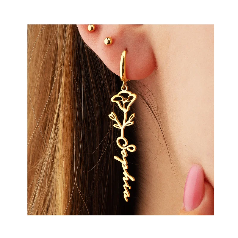 Personalized Customized Non Tarnish Gold Plated Stainless Steel Birth Flower Name Drop Dangle Hoop Earrings for Women Gift