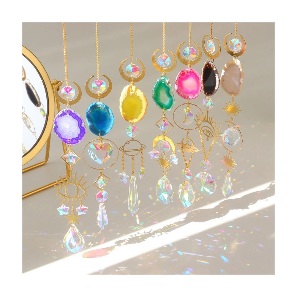 Natural Agate Slice Stone Pendant Sun Cather Hanging Faux Crystals Rainbow Window Prism Witch Suncatcher Windchime Wall Decor