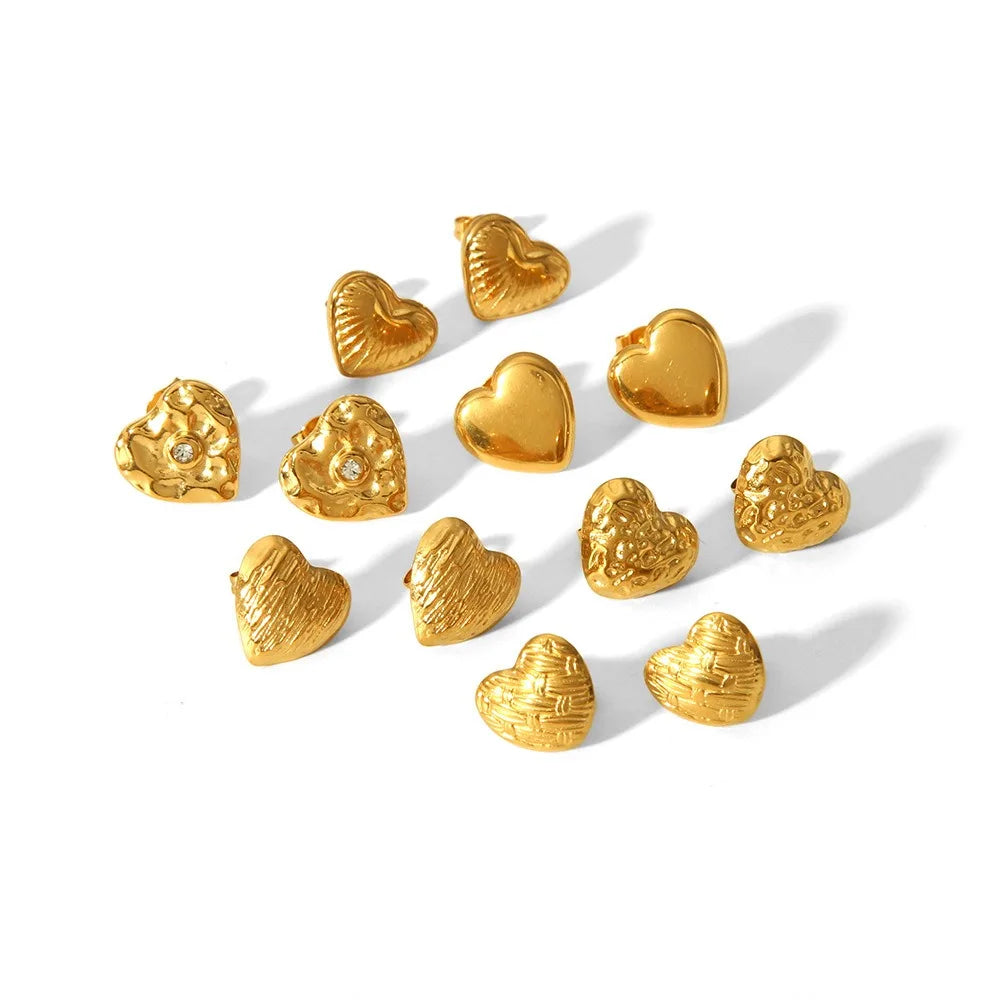 Women's 18K Gold Plated Waterproof Stainless Steel Heart Stud Earrings Hypoallergenic Irregular Fold Texture Trillion Cut Zircon