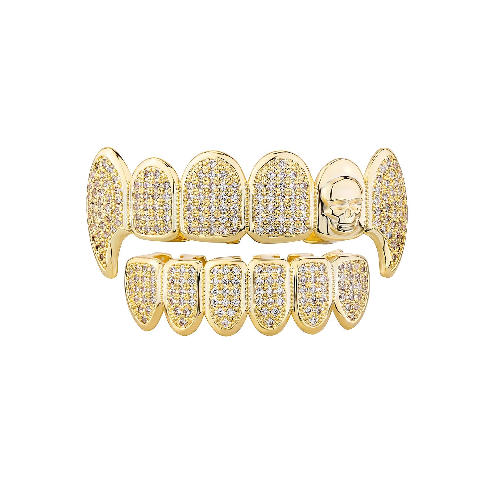 Luxury Iced Out Micro Pave Zircon Grillz Top Bottom Set Gold Plated Skull Teeth Grills for Men Rapper Hip Hop