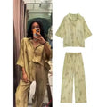 2 Pieces Set Women Lapel Half Sleeve Single Breasted Shirts Drawstring Wide Leg Pant New Linen Tie-dye Print Long Pants Sets